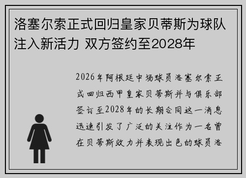 洛塞尔索正式回归皇家贝蒂斯为球队注入新活力 双方签约至2028年